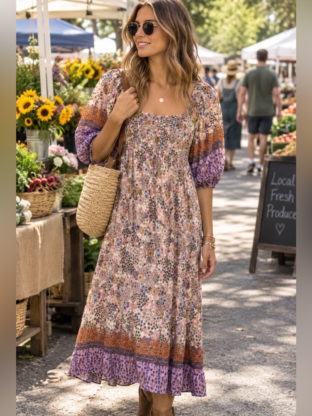 bohme Floral Smocked Midi Dress in Pink, Purple and Tan